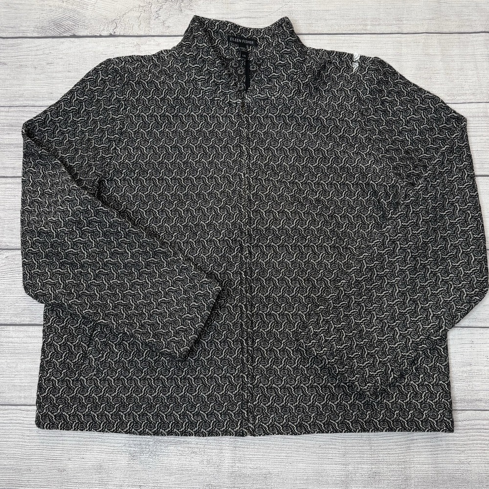 Eileen Fisher Cotton‎ Blend Jacquard Zip-Up Black White Flight Jacket Large